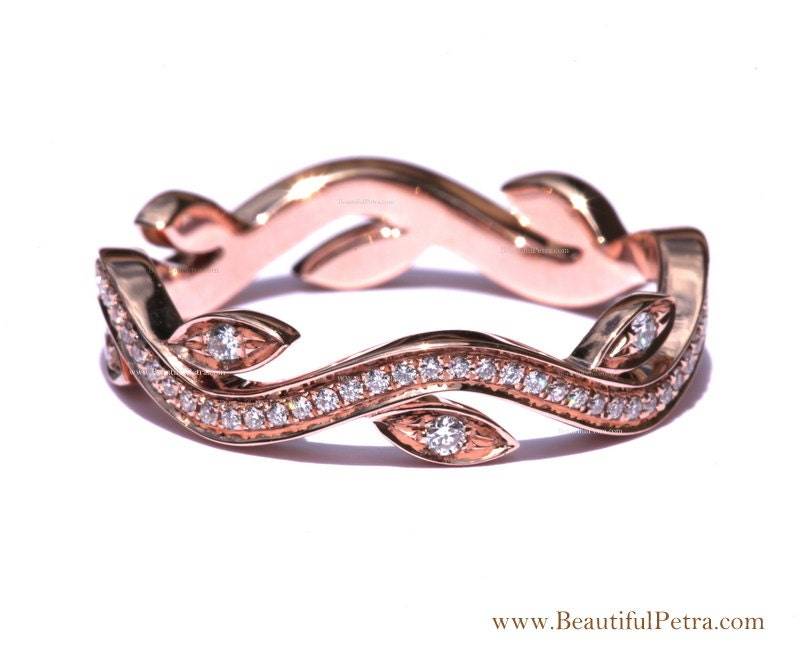 Blatt Eternity Hochzeit Band No Milgrain - Blume Diamant Ranke Ring Für Rechte Hand 14K Roségold Fl07 von BeautifulPetra