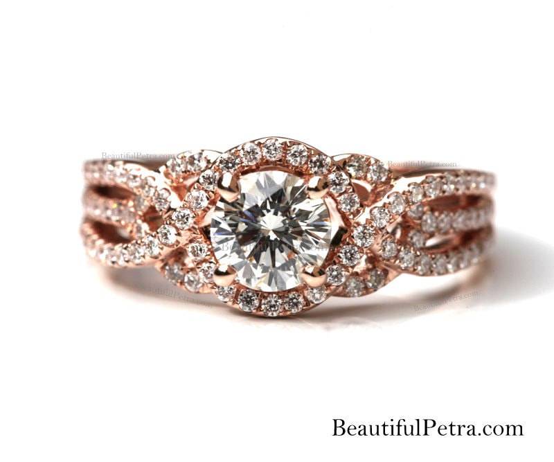 Twist Of Fate - 14K Rose Gold Diamant Verlobungsring Heiligenschein Einzigartig Wirbel Pave Beautifulpetra.com Bp024 von BeautifulPetra