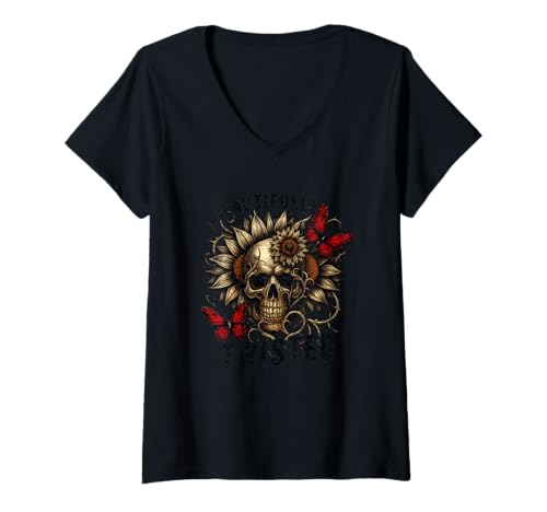 Damen Wunderschön gedrehter Totenkopf mit Schmetterlingen, dunkel T-Shirt mit V-Ausschnitt Damen Wunderschön gedrehter Totenkopf mit Schmetterlingen, dunkel T-Shirt mit V-Ausschnitt von Beautifully Twisted Skull Floral Nature Dark