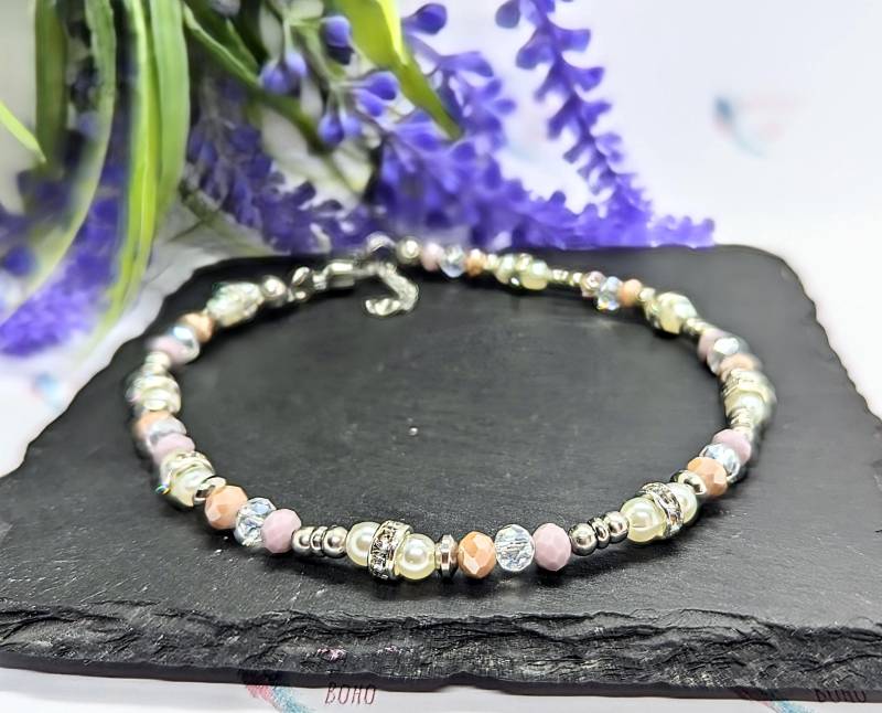 Boho Edelstahl & Pastellfarbene Perlen Fußkettchen. Damen| Sommer| Geschenk Für Sie | Strand| Trending| Fußkettchen Handarbeit| Silber von BeautifullyBoho19