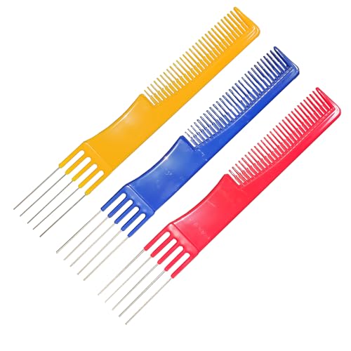 Beautifultracy 3 Packungen Teasing-Kamm mit Metall-Pick-Kämmen für Frauen, Haar-Pick-Kamm für Haarstyling (blau, rot und gelb) von Beautifultracy