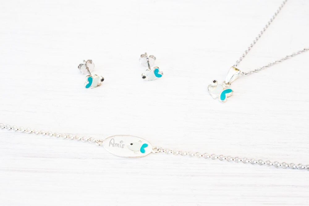 Personalisierte Fisch Sterling Silber Schmuck-Set - Gravur Name Armband, Halskette, Ohrringe von BeautizJewelry