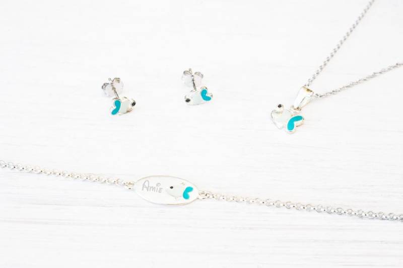 Personalisierte Fisch Sterling Silber Schmuck-Set - Gravur Name Armband, Halskette, Ohrringe von BeautizJewelry