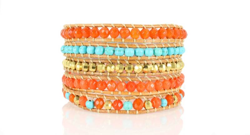 Boho Leder Wickelarmband Jaspis, Türkis & Goldene Perlen von BeautizJewelry