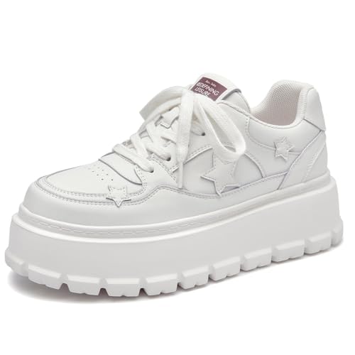 BEAU TODAY Damen Plateau Mode Sneaker Chunky Sneakers mit Strars für Frauen Leichte Bequeme Wanderschuhe Schnürschuhe Freizeitschuhe für Outdoor Arbeit, Weiss/opulenter Garten, 38 EU von BEAU TODAY