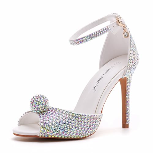 10 cm weiße Perlen Peep Toe High Heel Sandalen Braut Hochzeit Pumps Schuhe Braut Hochzeit Party Abendkleid Schuhe, Mehrere Strasssteine, 40.5 EU von Beauty Admire