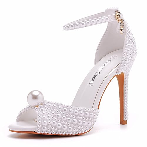 10 cm weiße Perlen Peep Toe High Heel Sandalen Braut Hochzeit Pumps Schuhe Braut Hochzeit Party Abendkleid Schuhe, Weiss/opulenter Garten, 39 EU von Beauty Admire