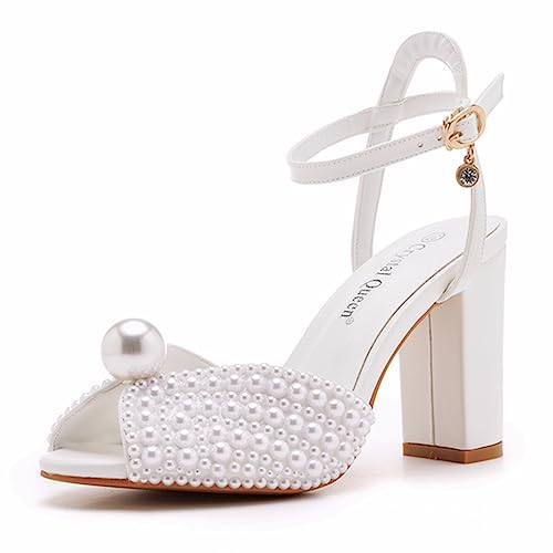 3,75 Zoll Weiß Perlen Peep Toe Blockabsatz Sandalen Braut Chunky Heels Damen High Heel Sandalen Pumps Schuhe Braut Hochzeit Party Abendkleid Schuhe, Weiss/opulenter Garten, 39 EU von Beauty Admire