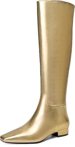 Beauty Cry Flache kniehohe Stiefel mit quadratischem Zehenbereich für Damen, klobiger niedriger Absatz, Reitstiefel mit seitlichem Reißverschluss, Gold, 37.5 EU von Beauty Cry