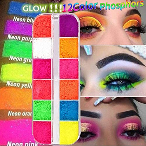 12 Farben/Box Lose Lidschattenpuder, fluoreszierendes Neonpigment Lidschatten Make-up Palette Glitzer Schimmer Lidschatten Gesicht Körperbemalung Farbe Handwerk Nail Art Kosmetik Lidschatten Make-up von Beauty Searcher