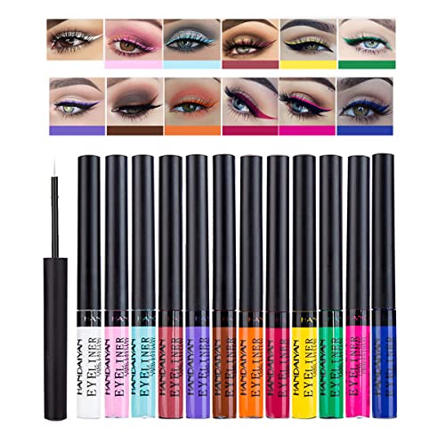 Mattes flüssiges Eyeliner-Set, 12 Farben, farbige Eyeliner, hochpigmentierte, wischfeste, bunte Eyeliner, langlebiger, wasserdichter, flüssiger Eyeliner, Stift, Gesicht, Lippen, Kunst-Make-up # A von Beauty Searcher