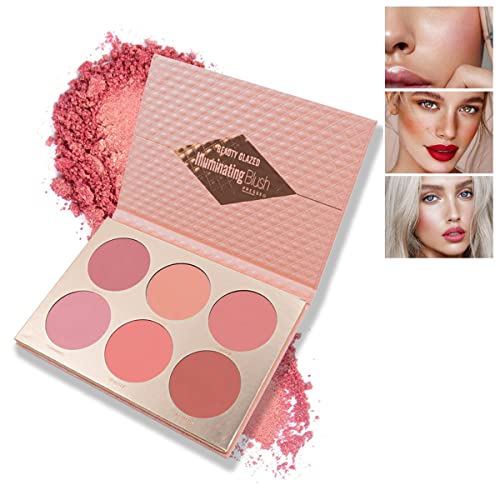 Multicolour Lasting Brightening Glow Blush Powder 3 In 1 Blush Highlighter Eyeshadow Makeup Sweat-Resistant Non-Greasy Shimmery Matte 6 Colors Natural Blusher Palette # A von Beauty Glazed