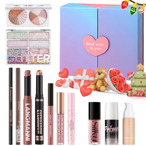 Schönheit 12 Stück Urlaub Geschenk-Set, Komplettes Starter-Kosmetik-Set mit Lidschatten Foundation Lippenstift Blush Eyeliner Highlighter Freckle Pen Glitter Gel, Weihnachtsüberraschung Geschenkset von Beauty Glazed
