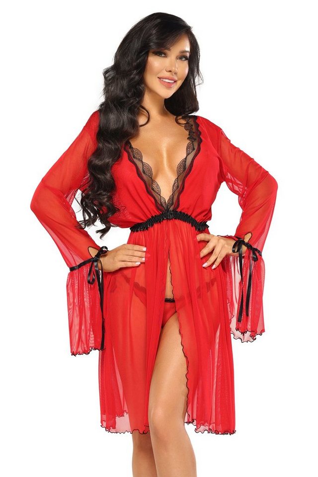 Beauty Night Fashion Negligé Morgenmantel Valentina rot-schwarz mit Spitze (2-tlg) von Beauty Night Fashion