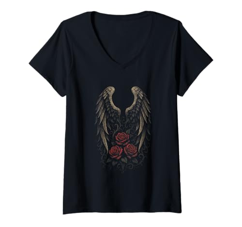 Damen Flügel Rosen Vintage Gothic Spirituell Natur Engel T-Shirt mit V-Ausschnitt von Beauty Rose Rock N Roll Musician Guitar Player