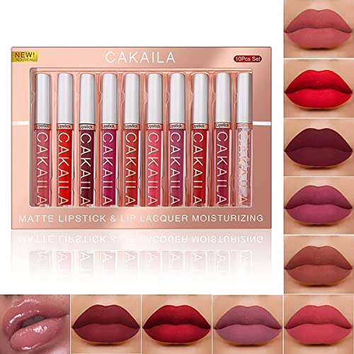 10 Farben Matte Flüssig-Lippenstift Set, Samtiger Nude Flüssig-Lippenstift, Wasserfest Lang anhaltende Feuchtigkeitsspendende Antihaft-Schale Lip Gloss Set (#02) von Beauty Searcher