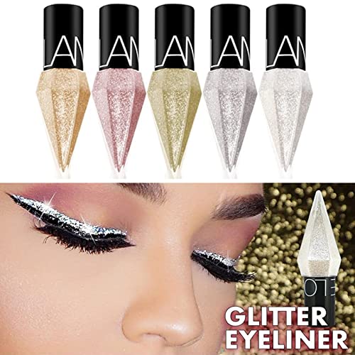 5 Farben Liquid Glitter Shiny Eye Liner Cosmetics High Pigment Shimmer Sparkling Silver Metallic Eyeliner Colorful Pearlescent Long Lasting Eye Liner for Wedding Party Cosplay Eye Makeup von Beauty Searcher