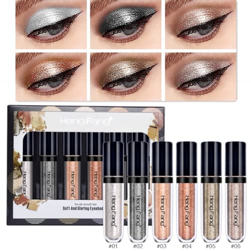 6 Farben Flüssiges Lidschatten-Set, Metallic-Diamant-Schimmer-Glitzer-Lidschatten, Glänzende pigmentierte, langlebige, wasserdichte, funkelnde Lidschatten-Augen-Make-up-Kits (A) von Beauty Searcher