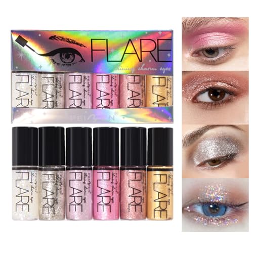 6er Set flüssiger Lidschatten, perlglänzender flüssiger Lidschatten, langanhaltender wasserfester glitzernder Metallic-Pigment-Lidschatten, farbenfrohes flüssiges Set von Beauty Searcher