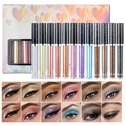 Flüssiges Lidschatten-Set in 12 Farben, Glitzer-Schimmer-Metallic-Rauch-Lidschatten, wasserdicht, langlebig, schnell trocknend, funkelnde Lidschatten-Make-up-Kits von Beauty Searcher