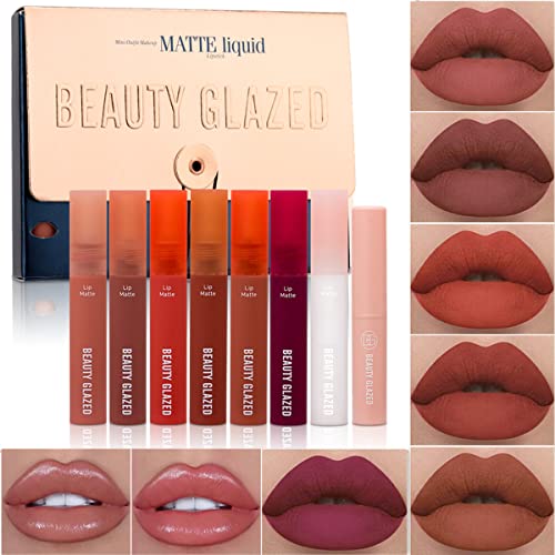 Liquid Lipstick Set, 6Pcs Matte Liquid Lipstick + 1Pc Lip Balm + 1Pc Lip Oil Makeup Set, Langanhaltend pigmentierter wasserdichter Samt Lipgloss Set Nude Lip Tint Lip Makeup Geschenksets von Beauty Searcher