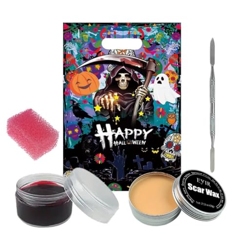 SFX Special Effects Makeup Kit, Narben-Wachs Modellierwachs für Narbenimitation für unechte Narben und Wunden mit Spatel, Kunstblut-Gel und rosa Stipple-Schwamm, für Halloween Cosplay Makeup von Beauty Searcher