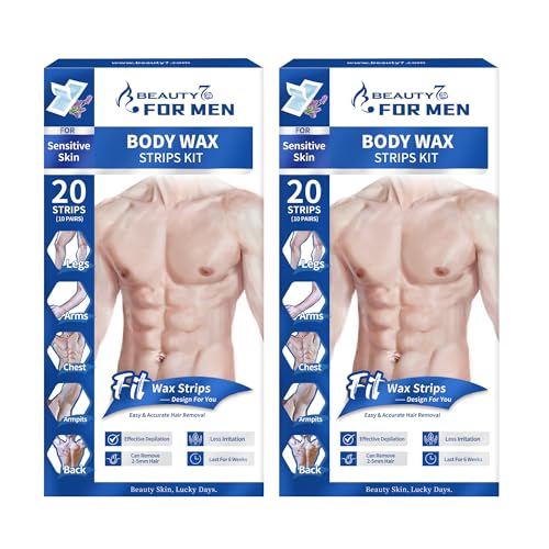 2 Stück Wachsstreifen für Herren, für Körper, Haarentfernung, 20 Kaltwachsstreifen + 4 nach der Haarentfernung, Reinigungstücher für Herren, 3 Sekunden für eine schnelle Haarentfernung von Beauty7