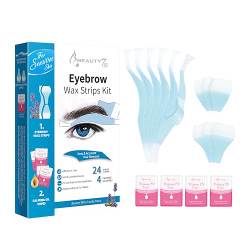 Beauty7 Augenbrauen Wachsstreifen Fit Wax Strips vorgeschnitten augenbrauen wachs 24stk augenbrauen wax streifen mit 4stk Reiniger Öl Tücher enthaarungsstreifen Geeignet für sensible Haut Männer von Beauty7
