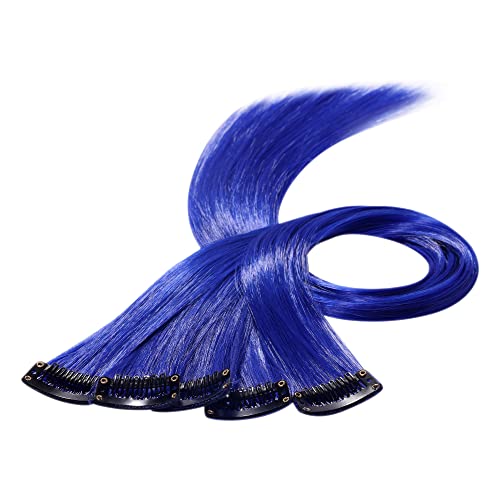 Beauty7 DIY Farbige Haarverlängerungen haarsträhnen zum einklipsen Bunte zum einflechten mit Haarclips strähnchen clip in extensions Haarteil Perücken Highlights Hair für Mädchen 50cm 5stk Dunkelblau von Beauty7