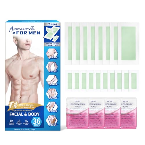 Beauty7 For Men Kaltwachsstreifen Männer Haarentfernung für den Gesicht Körper Beine Achselhöhle Geeignet für alle Hauttypen enthält 8 große Wachsstreifen 10 kleine Wachsstreifen von Beauty7