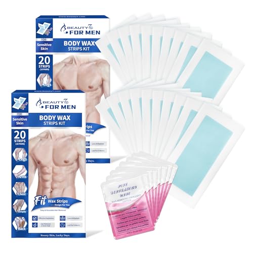 Beauty7 For Men Kaltwachsstreifen Männer Haarentfernung für den Körper Beine Achselhöhle für empfindliche Haut enthält 40 Wach streifen & 8 Reiniger Öl Tücher von Beauty7