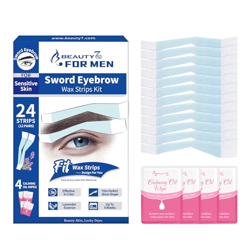 Beauty7 Herren Sword Augenbrauenwachsstreifen für empfindliche Haut, Unibrow Kaltwachs Gesichtshaarentfernung 24 Streifen mit 4 Reinigungsöl-Tüchern von Beauty7