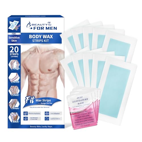 Beauty7 For Men Kaltwachsstreifen Männer Haarentfernung für den Körper Beine Achselhöhle für empfindliche Haut enthält 20 Wach streifen & 4 Reiniger Öl Tücher von Beauty7