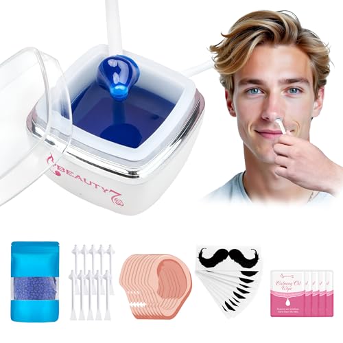 Beauty7 Nasen- und Ohrenschmalz-Set für Frauen und Männer mit 100 g Wachs, USB-Schnellheizung, 10 Applikatoren, 10 Schnurrbart-Schablonen - Schmerzlos, Schnelle & Einfache Haarentfernung von Beauty7