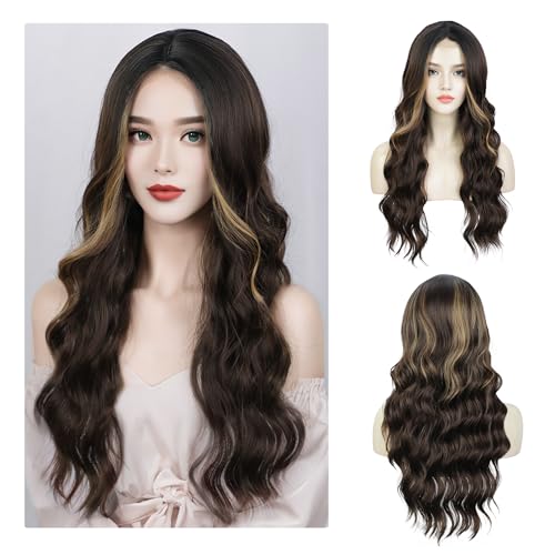Beauty7 Ombre Dunkelbraun Perücken für Frauen Lace Front Perücke Lange Wellig Perücke Natuaral Synthetische Gewelltes Mittelscheitel Lockiges Haar hitzebeständig wig mit Dunklen Wurzeln 26 Zoll von Beauty7