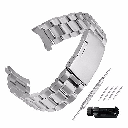 Beauty7 Unisex Edelstahl Uhrenarmband 20mm Silber mit Faltschließe Kurve Anstoß Länge VerstellbarVerkürzungswerkzeug Link Entferner 4 STK Federstege und Federstift WBL00023ST20a von Beauty7