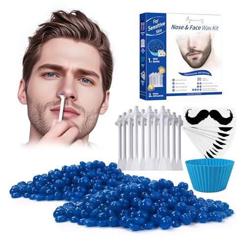 Nasenwachs-Set für Männer, Ohrhaarentfernung mit 50 g Wachsbohnen, 30 Applikatoren, 10 Schnurrbart-Schablonen, 1 Silikonbecher, schmerzlos, einfacher und schneller Gesichtshaarentferner von Beauty7