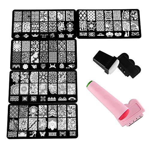 Weimob Nagelkunst Schablone Edelstahl Druckplatte Metallplatten Stempel Plate Schablone Nail Art Cover 5 Blatte + 2 Stempel + 2 Messer EINWEG von Beauty7