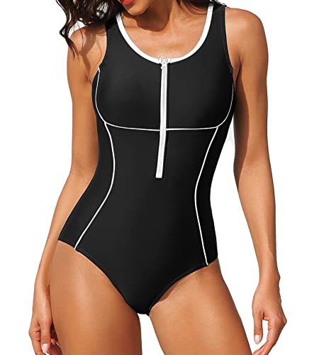 beautyin Damen-Badeanzug mit Racerback-Rei verschluss, einteiliger Sport-Badeanzug, Schwarz, XL von BeautyIn