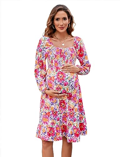 BeautyNee Blumendruck Umstandskleid Kurze Puffärmel Quadratischer Ausschnitt Rüschen Saum Casual Swing Schwangerschaft Kleider, Z-white Print-langarm, Groß von BeautyNee