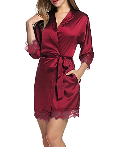 Balancora Damen Morgenmantel Bademantel Satin Sexy Kimono mit Taschen Kurz Robe mit Gürtel Nachthemd für Braut Nachtwäsche Mit Blumenspitze XS Rot-1 von Balancora