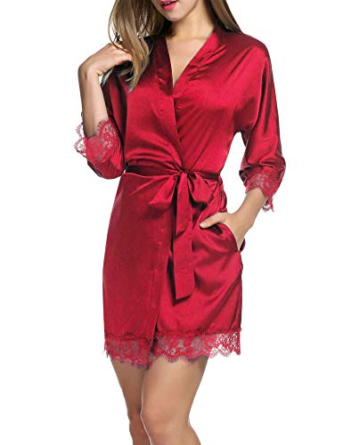 Balancora Damen Morgenmantel Bademantel Satin Sexy Kimono mit Taschen Kurz Robe mit Gürtel Nachthemd für Braut Nachtwäsche Mit Blumenspitze S Rot von Balancora