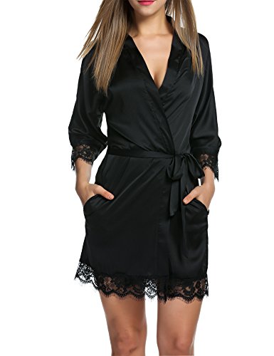 BeautyUU Damen Morgenmantel Kimono Bademantel Satin Nachthemd Nachtwäsche Schlafanzüge Mit Blumenspitze, 1-schwarz, M von Balancora