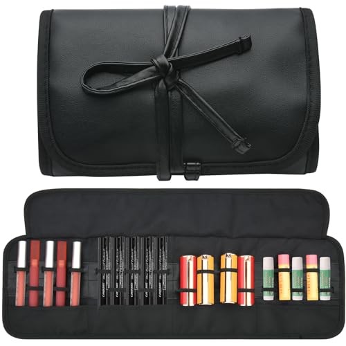 Beautyflier Lippenstift-Organizer, 20 Fächer, Lippenstift-Tasche, tragbarer PU-Leder-Lipgloss-Halter mit 2 verschiedenen Längen, elastische Bänder, Reise-Kosmetiktasche für Lippenprodukte, von Beautyflier