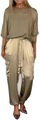 Beautyhis 2-teiliges Set aus glattem Satin, halblange Ärmel, Oberteil und Hose, Sommer, lässig, Satin, 2-teiliges Outfit, Jogger, Lounge, 2er-Set, gold, 38 von Beautyhis