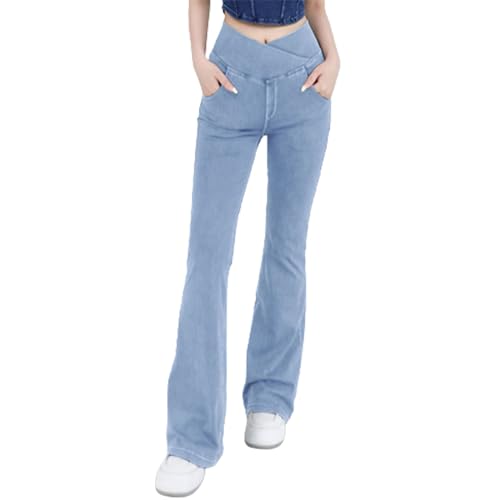 Beautyhis Hohe Taille Crossover Stretch Knit Breites Bein Denim Flare Jegging, Lässige Schlanke Hohe Taille Blau Denim Bleistift Hosen, hellblau, XXL von Beautyhis