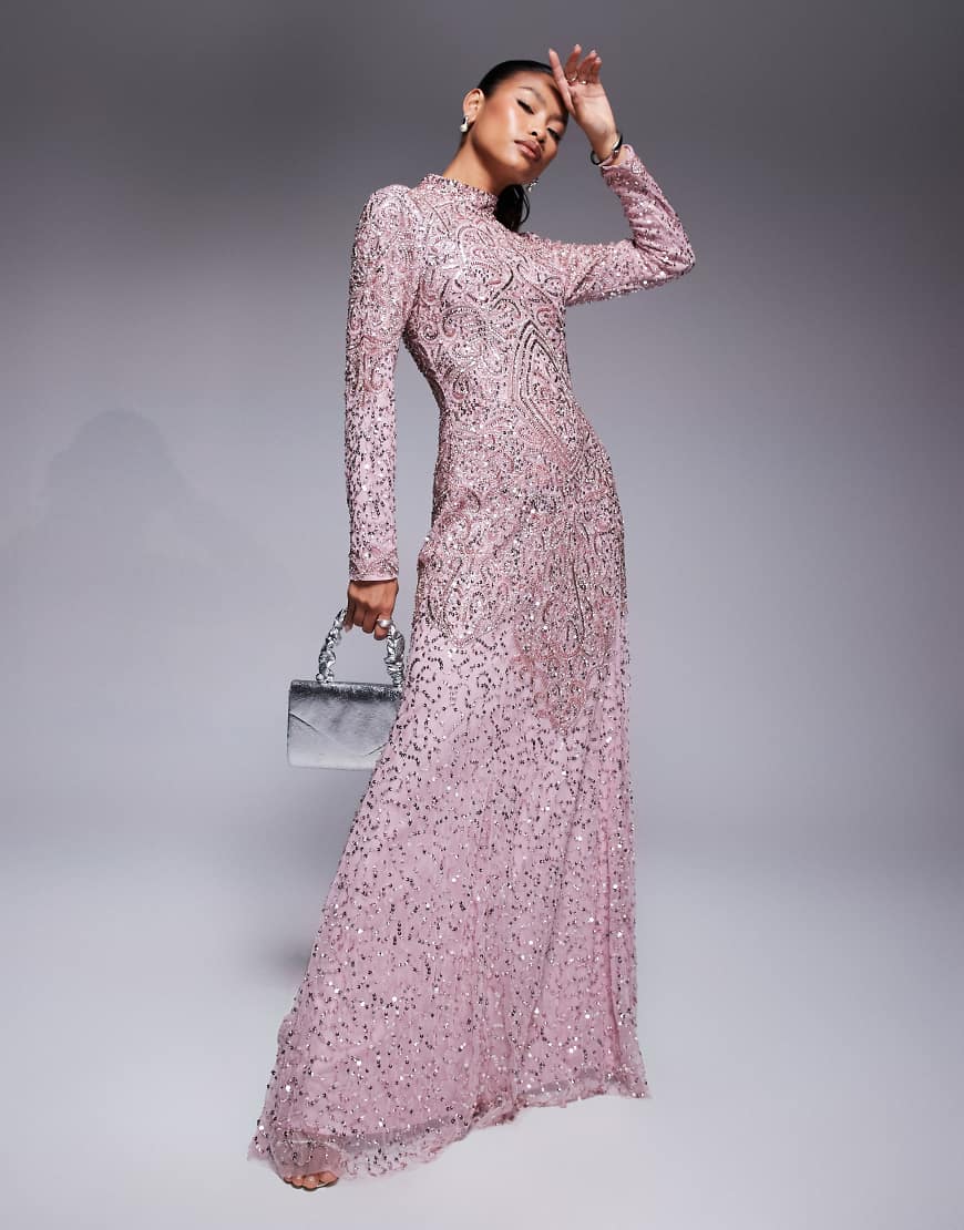 Beauut - Alazne - Hochgeschlossenes Maxikleid in Eisrosa mit Pailletten von Beauut