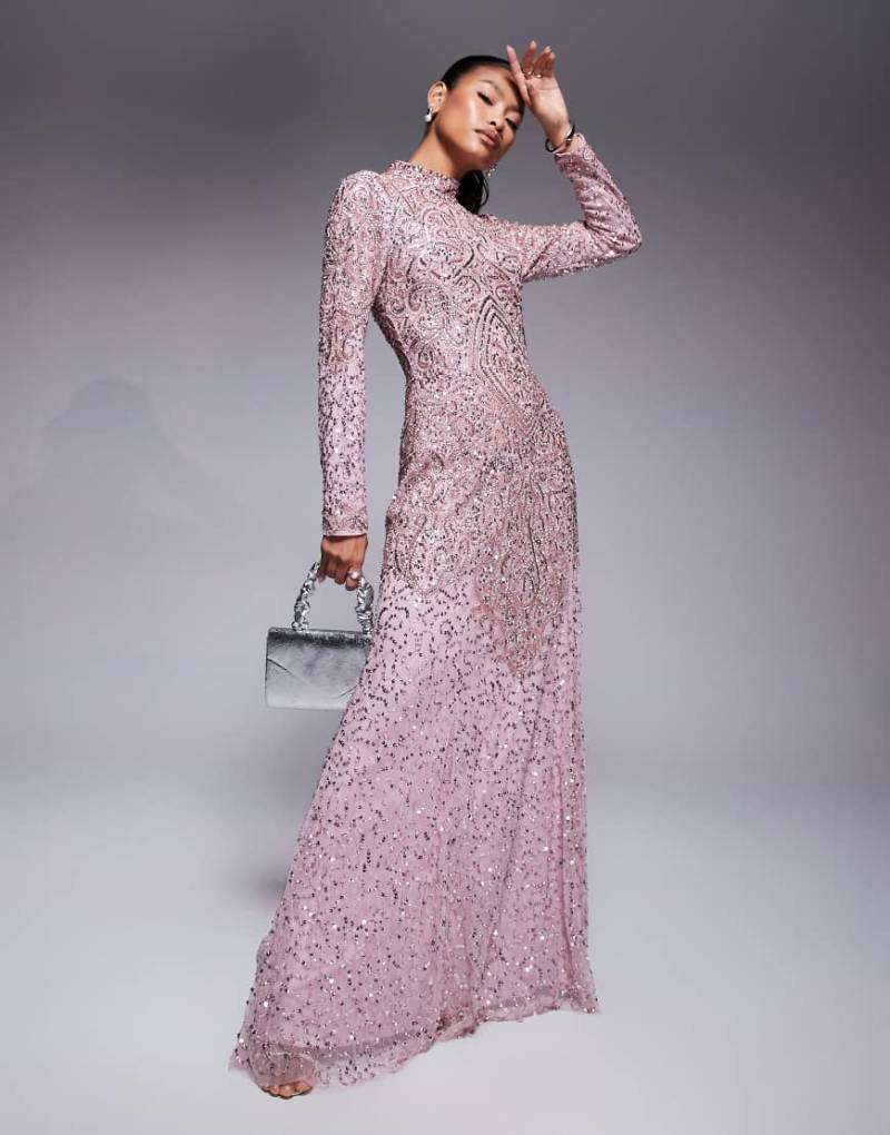 Beauut - Alazne - Hochgeschlossenes Maxikleid in Eisrosa mit Pailletten von Beauut