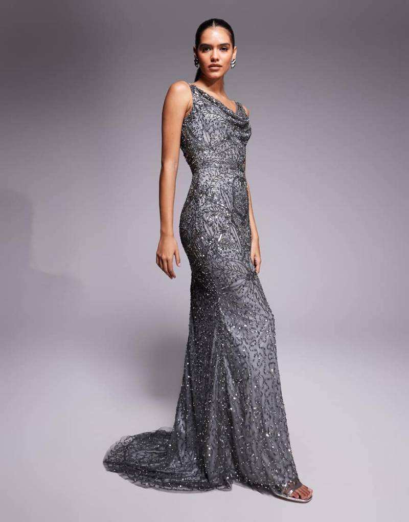 Beauut - Komplett mit Perlen verziertes Maxikleid in Anthrazit mit Wasserausschnitt und schmalen Trägern-Grau von Beauut