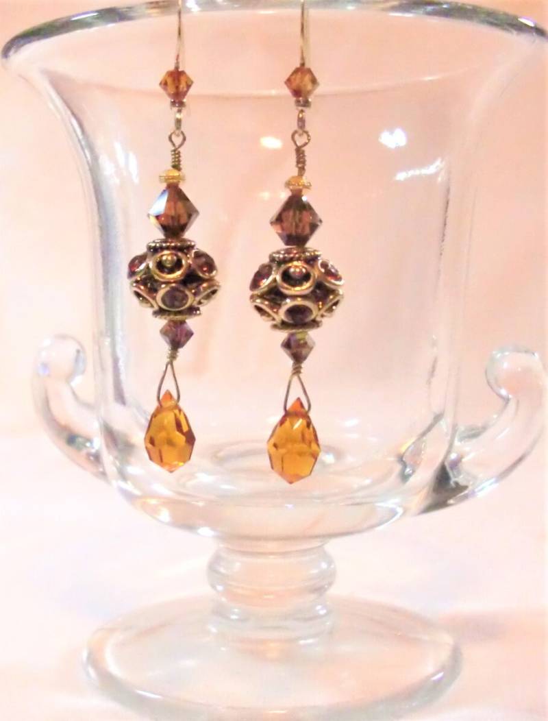 Ohrringe Rauchtopas & Kristall Kupfer Swarovski Perlen Besetzte Teardrops Mit Kupfer/Gold-Überzogener Haken von BeauxArtsbyCynthia